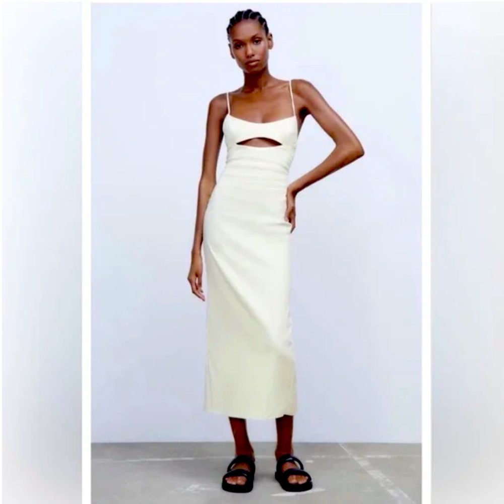 Zara Ecru Linen Blend Cut-Out Midi Dress. Size M